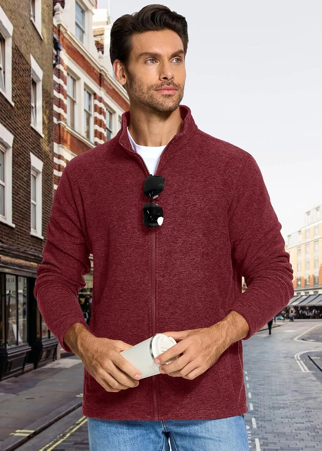 MAGCOMSEN Men's Fleece Full Zip Jacket Lightweight Stand Collar Jackets Soft Warm Windproof Casual Coats with Zipper Pockets