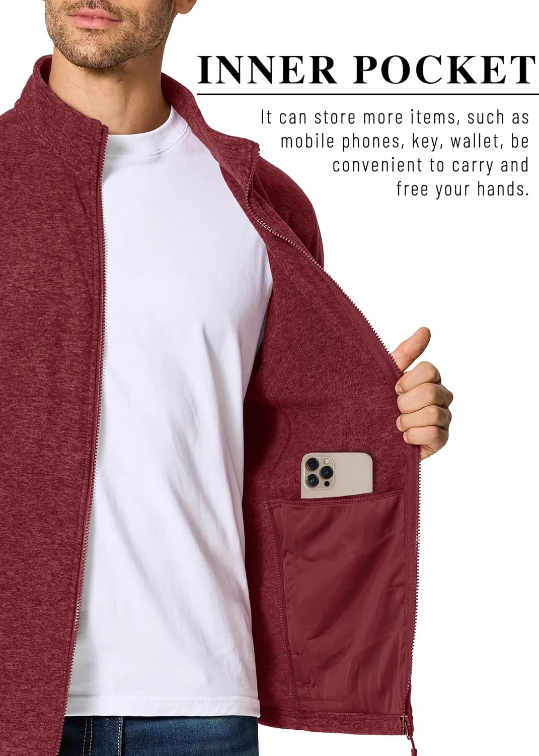 MAGCOMSEN Men's Fleece Full Zip Jacket Lightweight Stand Collar Jackets Soft Warm Windproof Casual Coats with Zipper Pockets
