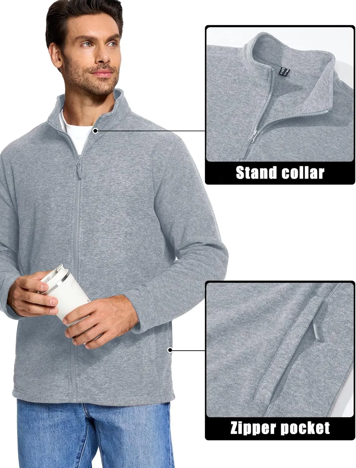 MAGCOMSEN Men's Fleece Full Zip Jacket Lightweight Stand Collar Jackets Soft Warm Windproof Casual Coats with Zipper Pockets