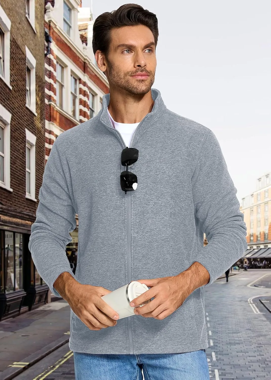MAGCOMSEN Men's Fleece Full Zip Jacket Lightweight Stand Collar Jackets Soft Warm Windproof Casual Coats with Zipper Pockets