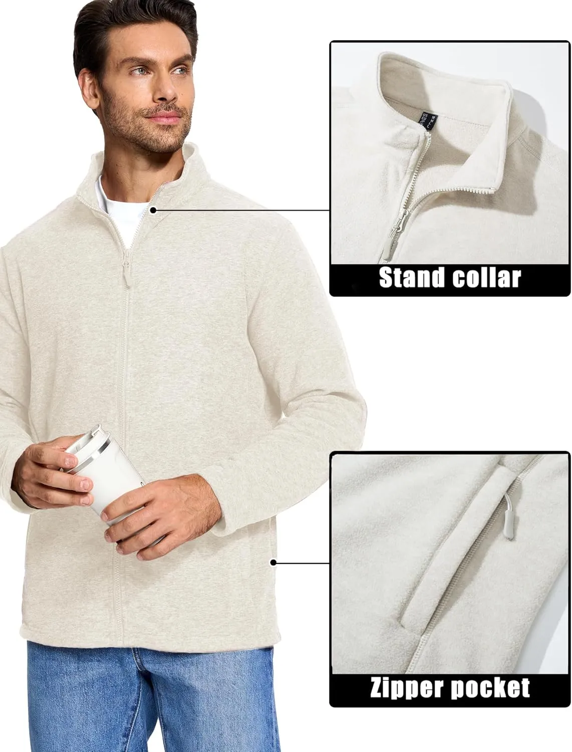 MAGCOMSEN Men's Fleece Full Zip Jacket Lightweight Stand Collar Jackets Soft Warm Windproof Casual Coats with Zipper Pockets