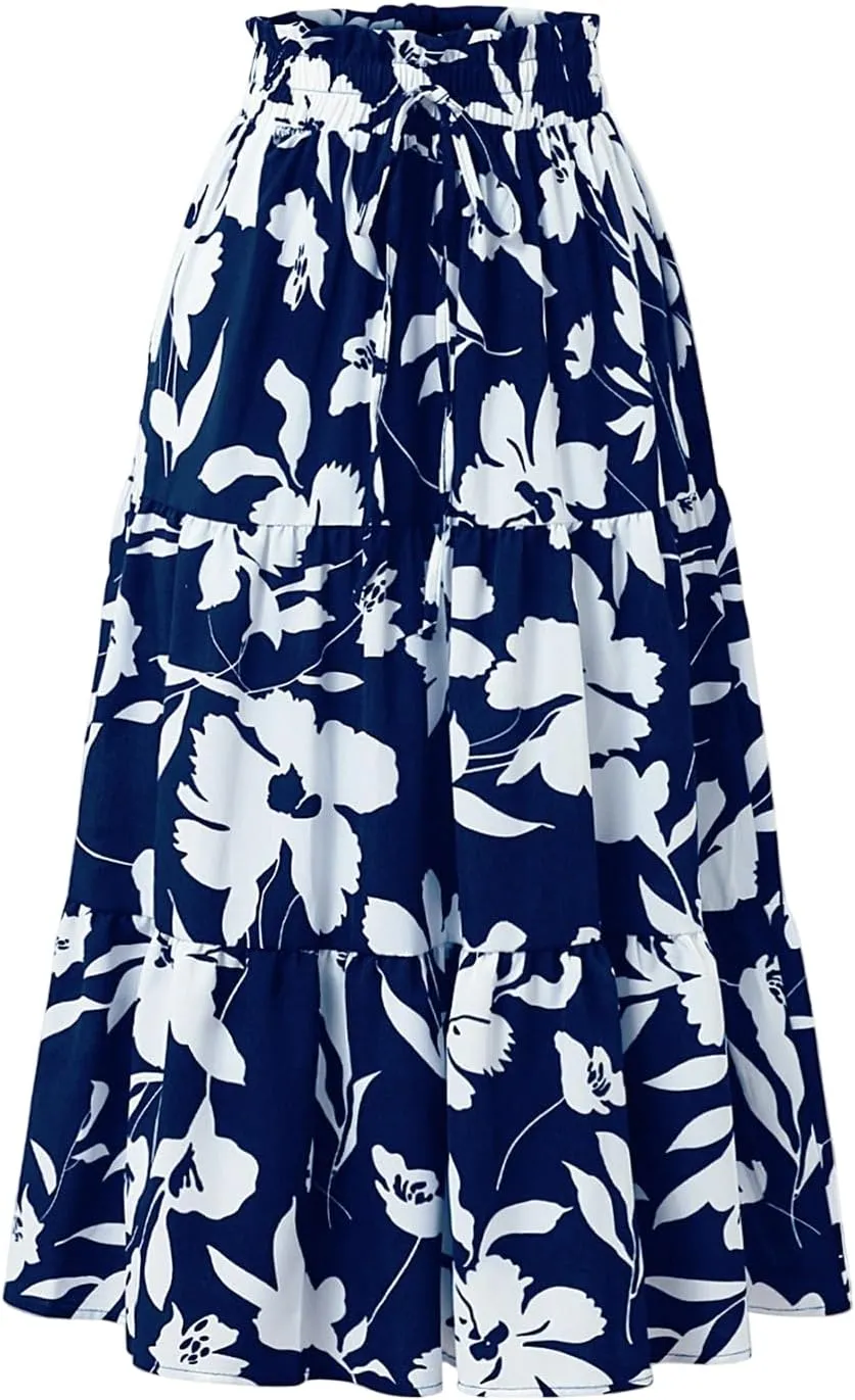 Maxi Skirts for Women 2025 Summer Ruffle Elastic High Waist Tiered Skirt Vacation A-Line Flowy Swing Long Skirts