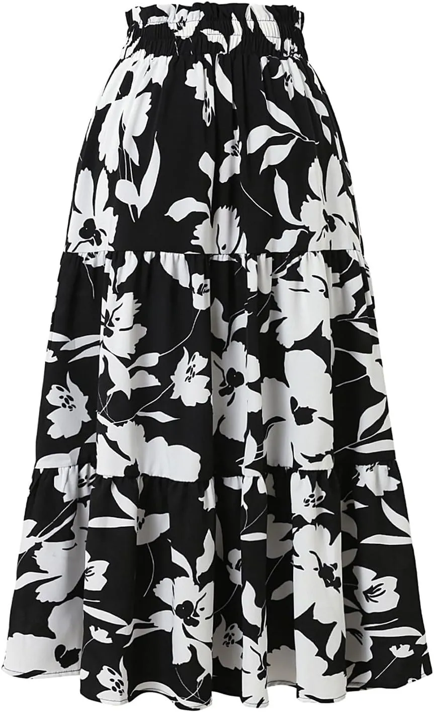 Maxi Skirts for Women 2025 Summer Ruffle Elastic High Waist Tiered Skirt Vacation A-Line Flowy Swing Long Skirts
