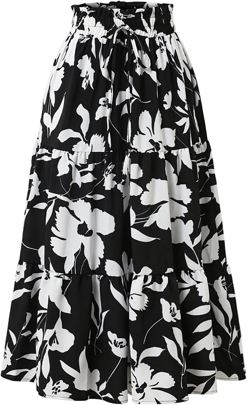 Maxi Skirts for Women 2025 Summer Ruffle Elastic High Waist Tiered Skirt Vacation A-Line Flowy Swing Long Skirts