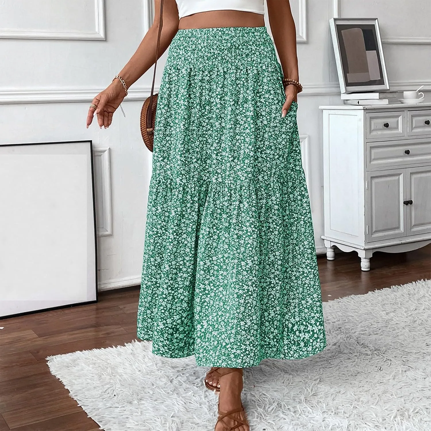Maxi Skirts for Women 2025 Summer Ruffle Elastic High Waist Tiered Skirt Vacation A-Line Flowy Swing Long Skirts