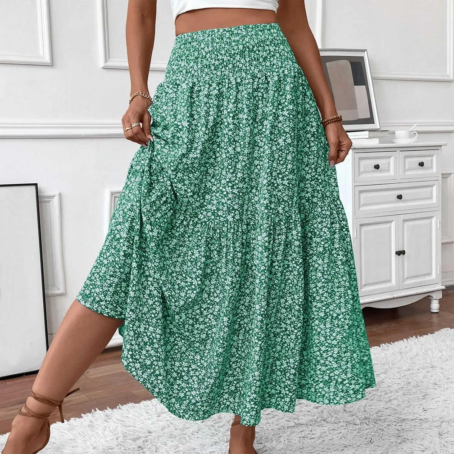 Maxi Skirts for Women 2025 Summer Ruffle Elastic High Waist Tiered Skirt Vacation A-Line Flowy Swing Long Skirts