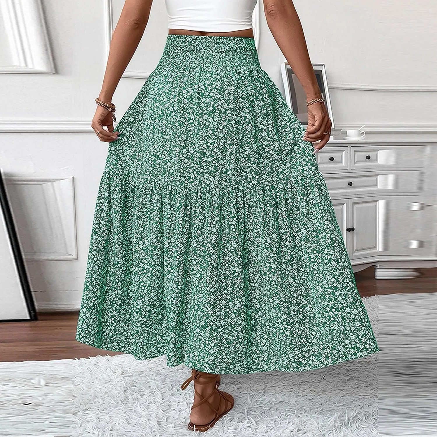 Maxi Skirts for Women 2025 Summer Ruffle Elastic High Waist Tiered Skirt Vacation A-Line Flowy Swing Long Skirts