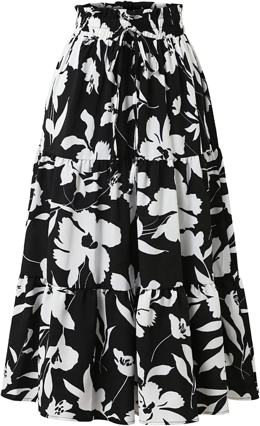 Maxi Skirts for Women 2025 Summer Ruffle Elastic High Waist Tiered Skirt Vacation A-Line Flowy Swing Long Skirts