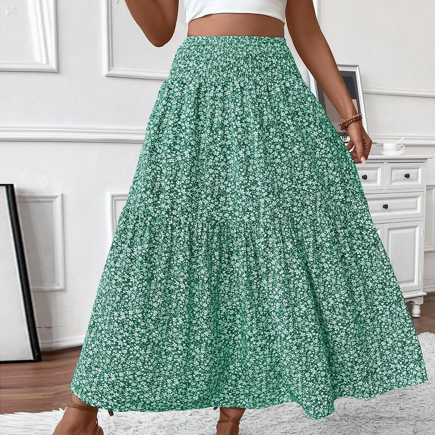Maxi Skirts for Women 2025 Summer Ruffle Elastic High Waist Tiered Skirt Vacation A-Line Flowy Swing Long Skirts