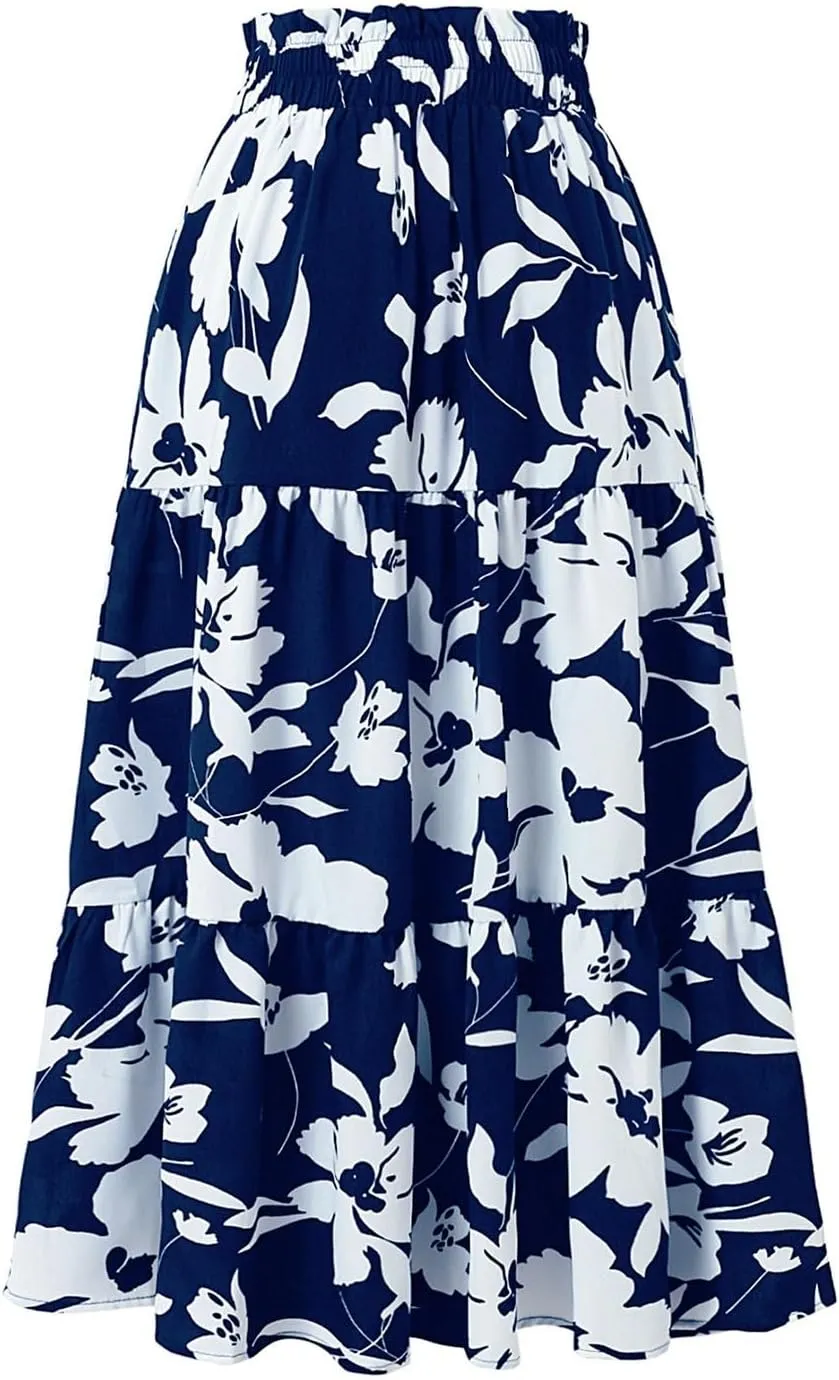 Maxi Skirts for Women 2025 Summer Ruffle Elastic High Waist Tiered Skirt Vacation A-Line Flowy Swing Long Skirts