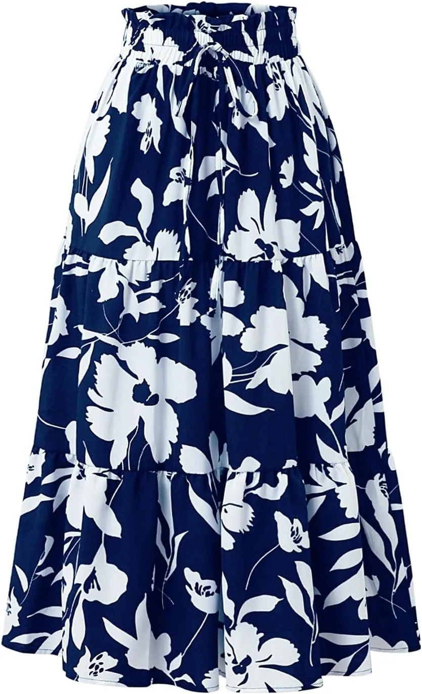 Maxi Skirts for Women 2025 Summer Ruffle Elastic High Waist Tiered Skirt Vacation A-Line Flowy Swing Long Skirts