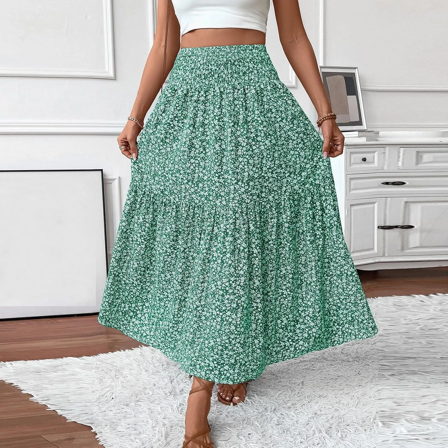 Maxi Skirts for Women 2025 Summer Ruffle Elastic High Waist Tiered Skirt Vacation A-Line Flowy Swing Long Skirts