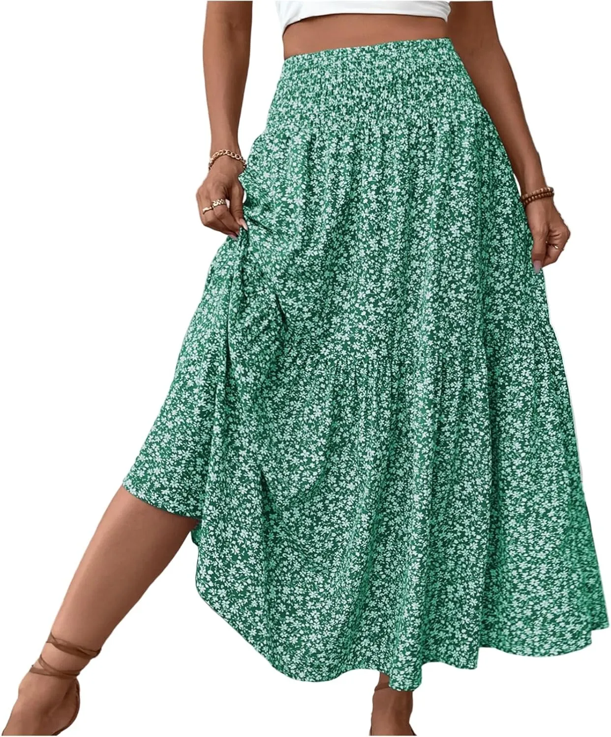 Maxi Skirts for Women 2025 Summer Ruffle Elastic High Waist Tiered Skirt Vacation A-Line Flowy Swing Long Skirts