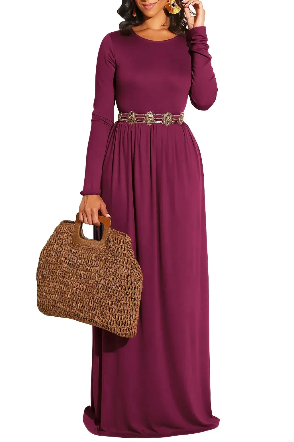 MB FASHION Elegant Long Sleeve Maxi Dress with Gathered Waist 1888