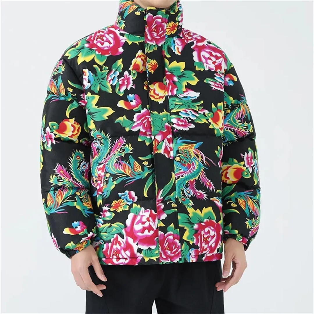 Men Women Flower Printed Jackets Male Cotton-Padded Thickened Coats Fashion Warm Jacket Coat
