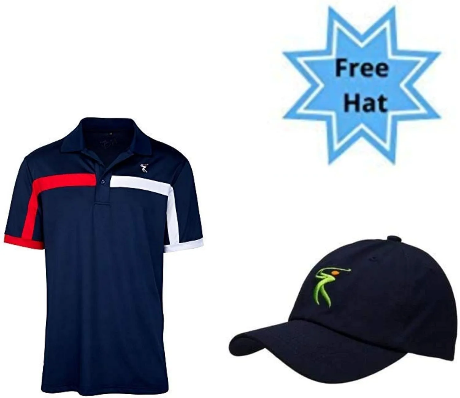 Men's Black Color Casual Fit Short Sleeve Quick-Dry Golf Polo T-Shirt with Free Golf Hat