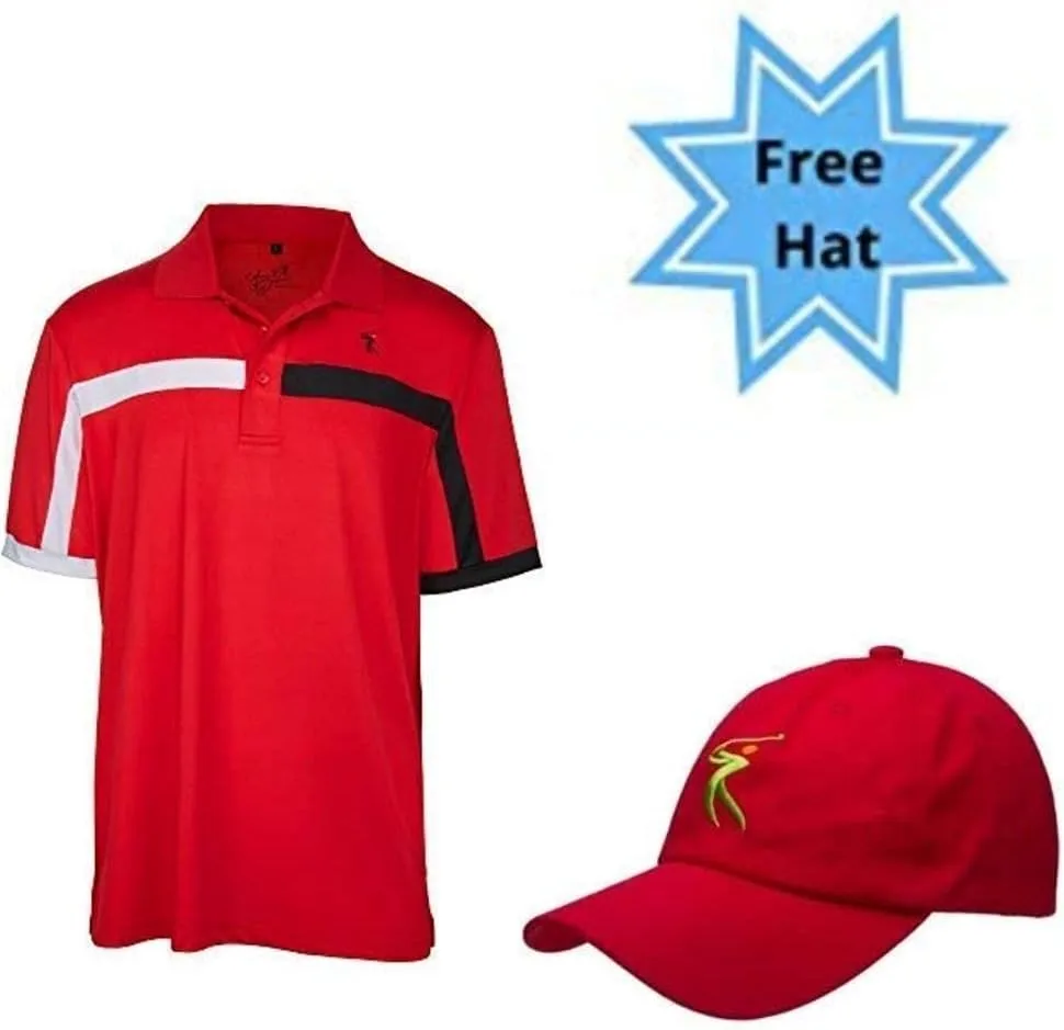 Men's Black Color Casual Fit Short Sleeve Quick-Dry Golf Polo T-Shirt with Free Golf Hat