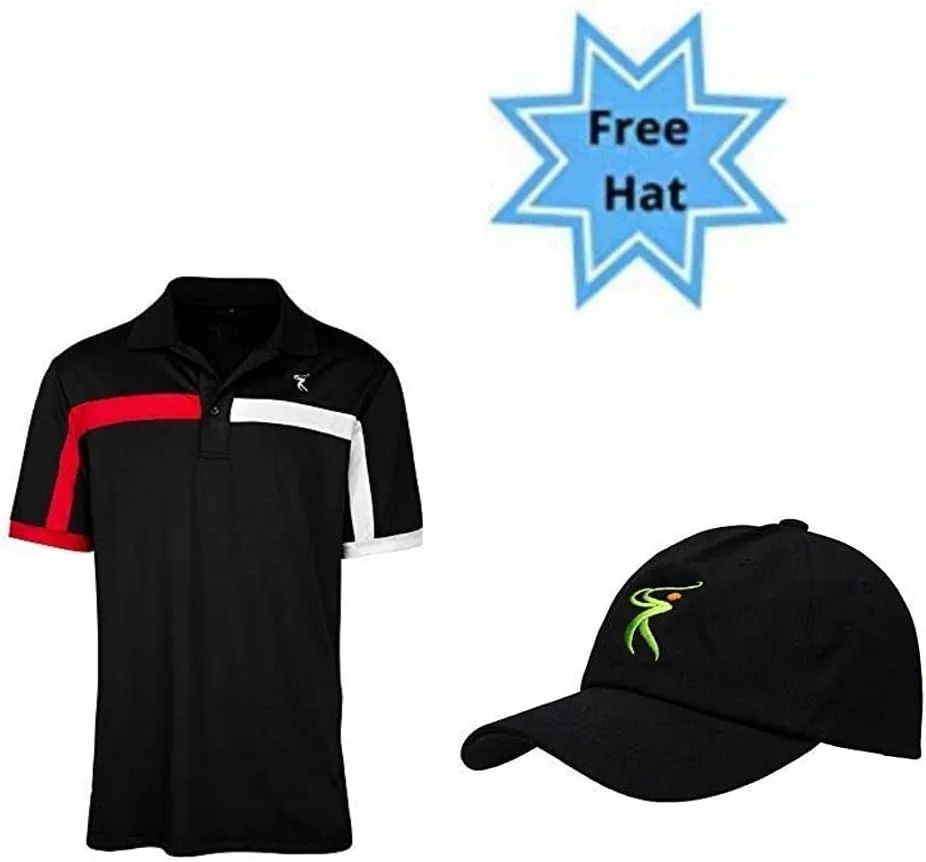 Men's Black Color Casual Fit Short Sleeve Quick-Dry Golf Polo T-Shirt with Free Golf Hat