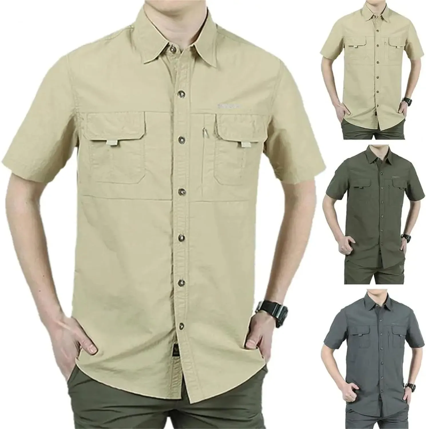 Men's Camping Shirt, Quick Dry Turn-Down Collar Fishing Summer