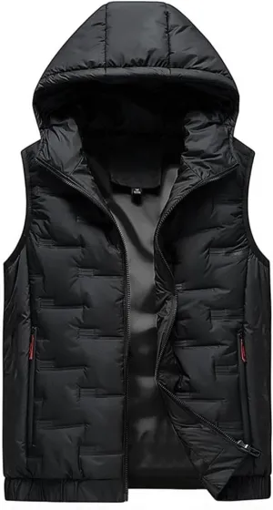 Mens Hooded Coats Sleeveless Jacket Warm Thick Cotton-Padded Work Waistcoat Gilet Down Vest black 4XL