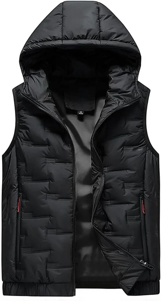 Mens Hooded Coats Sleeveless Jacket Warm Thick Cotton-Padded Work Waistcoat Gilet Down Vest black 4XL