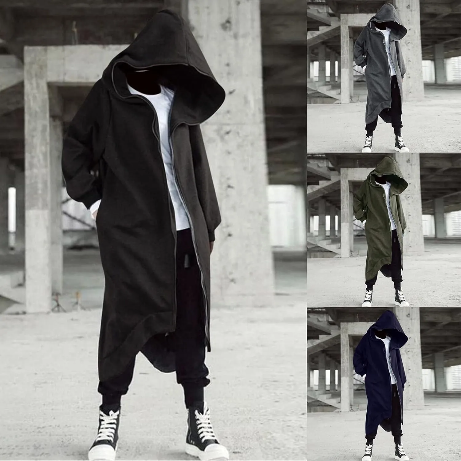 Mens Hoodies Men's Dark Style Solid Color Long Cardigan Cloak Coat Hooded Sweater Jacket