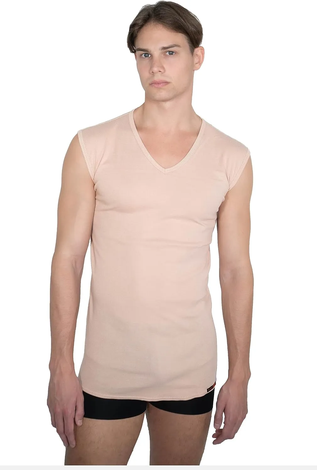 Men's Invisible Sleeveless v-Neck Business Undershirt 100% Organic Cotton Nude Beige