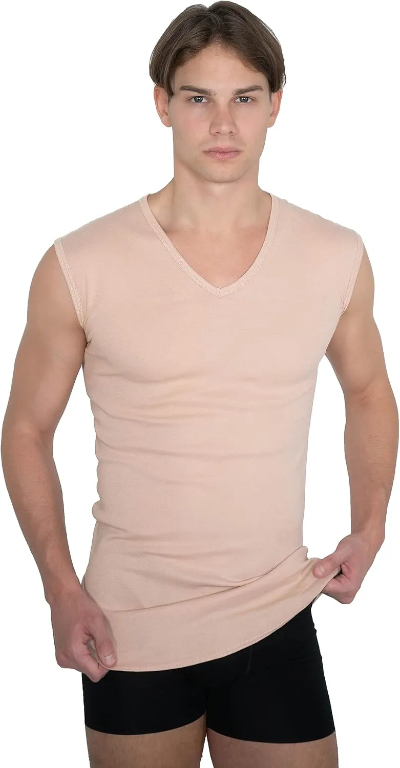 Men's Invisible Sleeveless v-Neck Business Undershirt 100% Organic Cotton Nude Beige