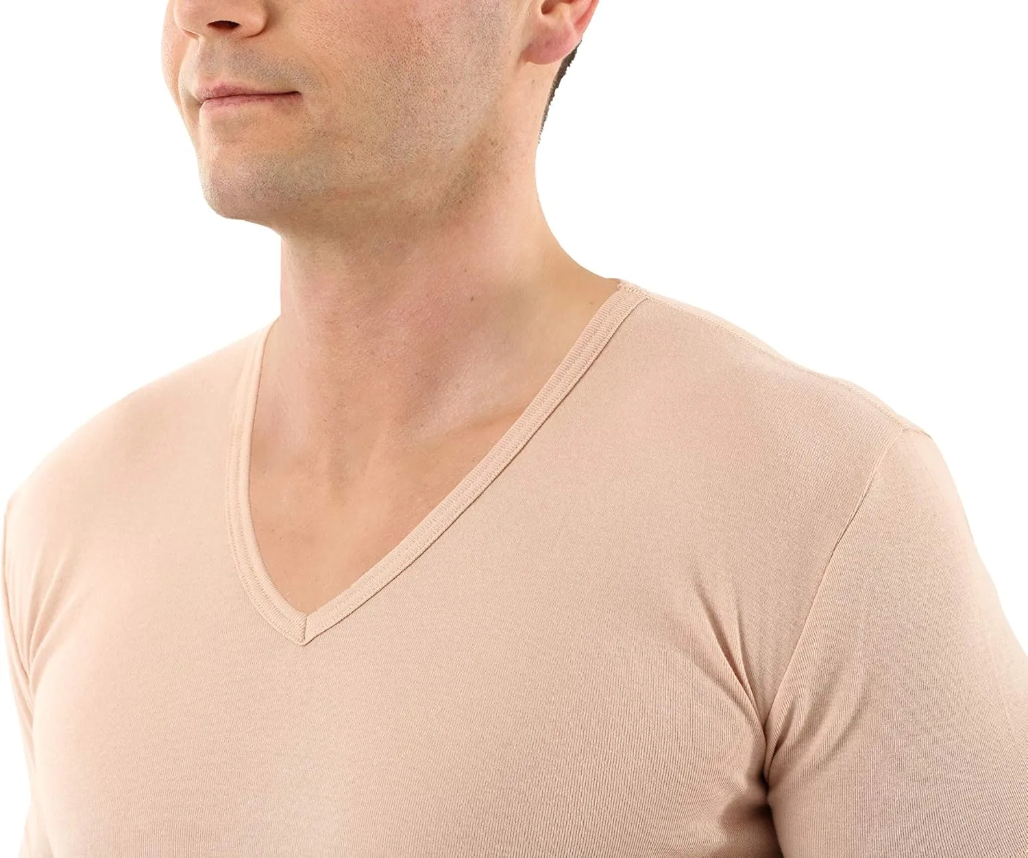 Men's Invisible v-Neck Business Undershirt with Short Sleeves 100% Organic Cotton Nude Beige