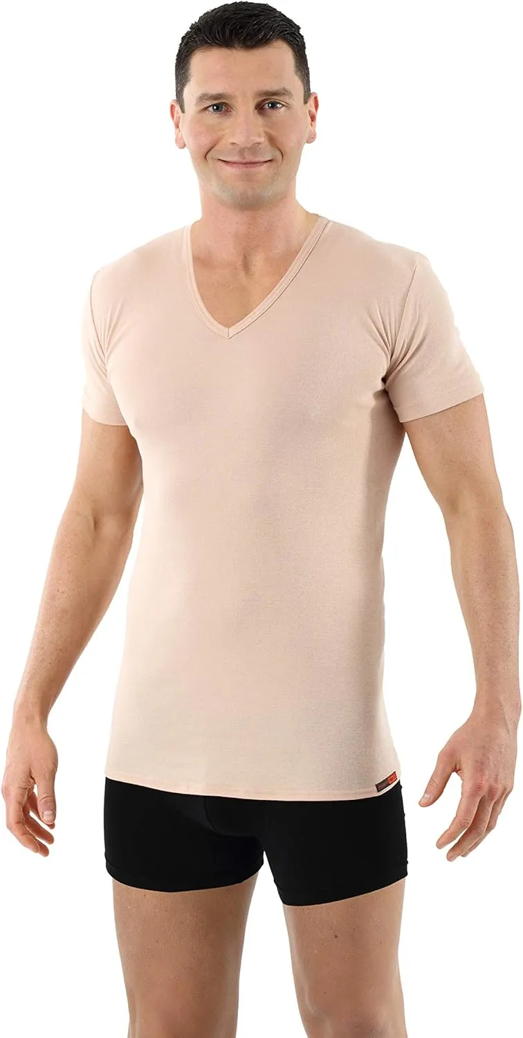 Men's Invisible v-Neck Business Undershirt with Short Sleeves 100% Organic Cotton Nude Beige