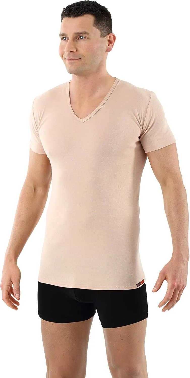 Men's Invisible v-Neck Business Undershirt with Short Sleeves 100% Organic Cotton Nude Beige