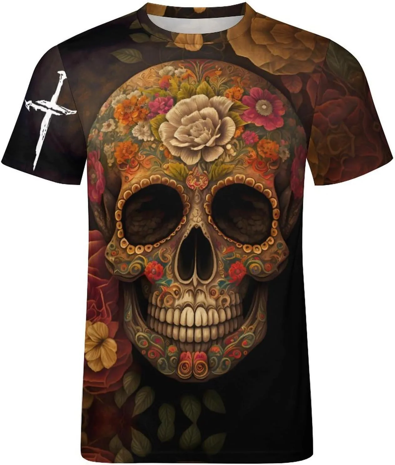 Mens Skull T-Shirts Slim Fit Qucik Dry Short Sleeve 3D Skull Graphic Print Summer Streetwear Tees