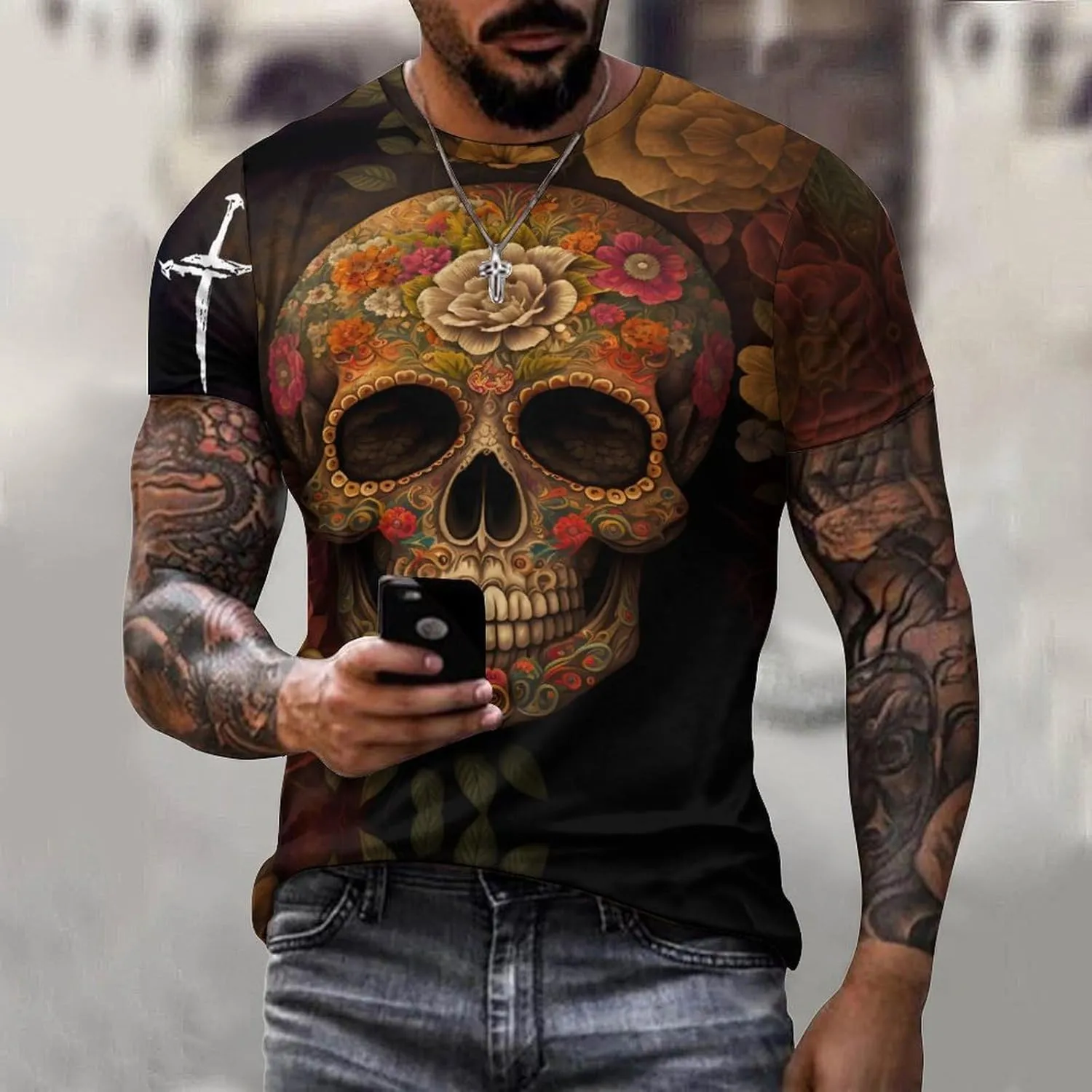 Mens Skull T-Shirts Slim Fit Qucik Dry Short Sleeve 3D Skull Graphic Print Summer Streetwear Tees