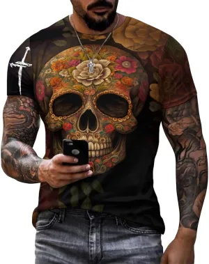 Mens Skull T-Shirts Slim Fit Qucik Dry Short Sleeve 3D Skull Graphic Print Summer Streetwear Tees
