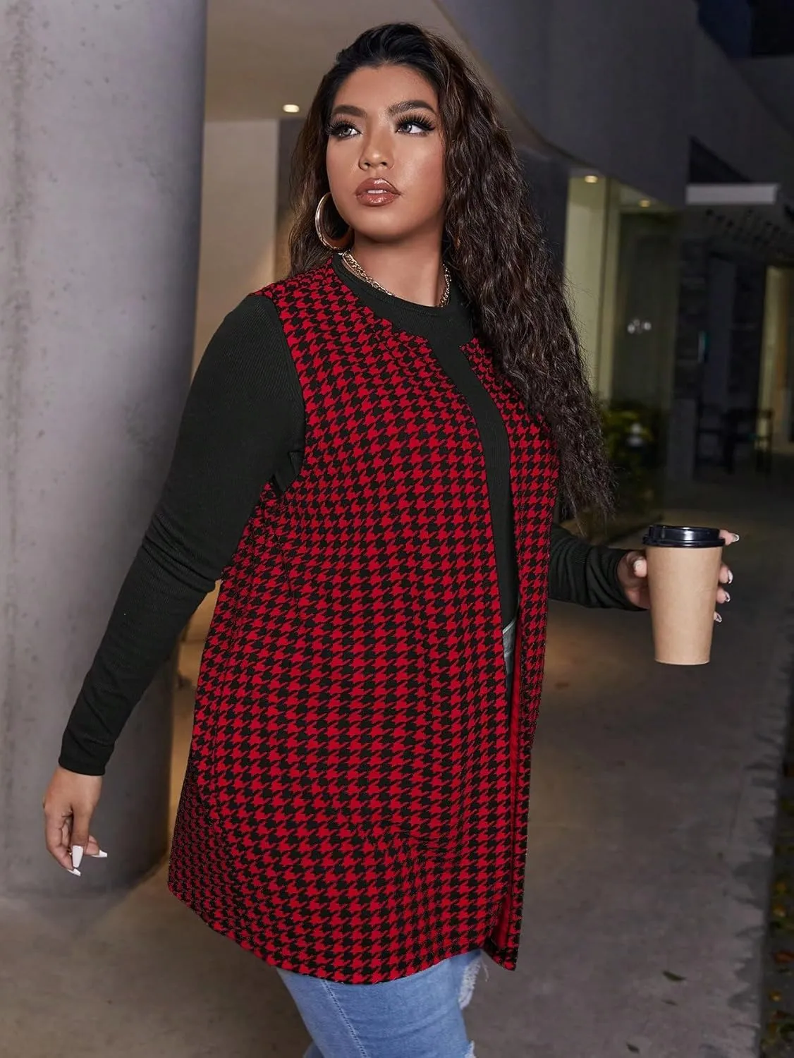 Milumia Women's Plus Size Houndstooth Vest Blazers Open Front Cardigan