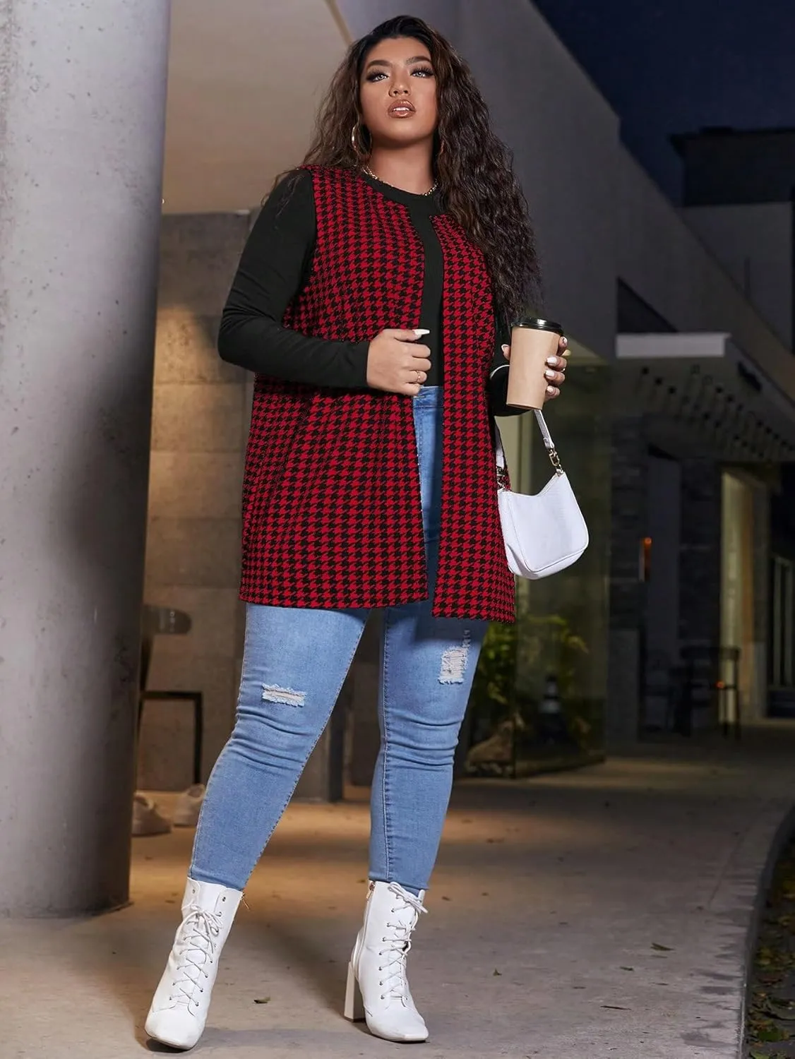 Milumia Women's Plus Size Houndstooth Vest Blazers Open Front Cardigan