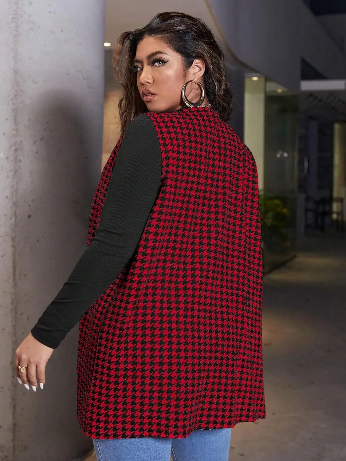 Milumia Women's Plus Size Houndstooth Vest Blazers Open Front Cardigan