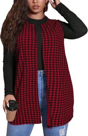 Milumia Women's Plus Size Houndstooth Vest Blazers Open Front Cardigan