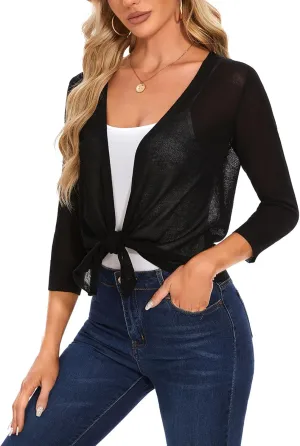 MINTLIMIT Women's Tie Front Cardigan Casual 3/4 Sleeve Bolero Shrug Knotted Lightweight Sheer Shrug Cardigan Sweater Top