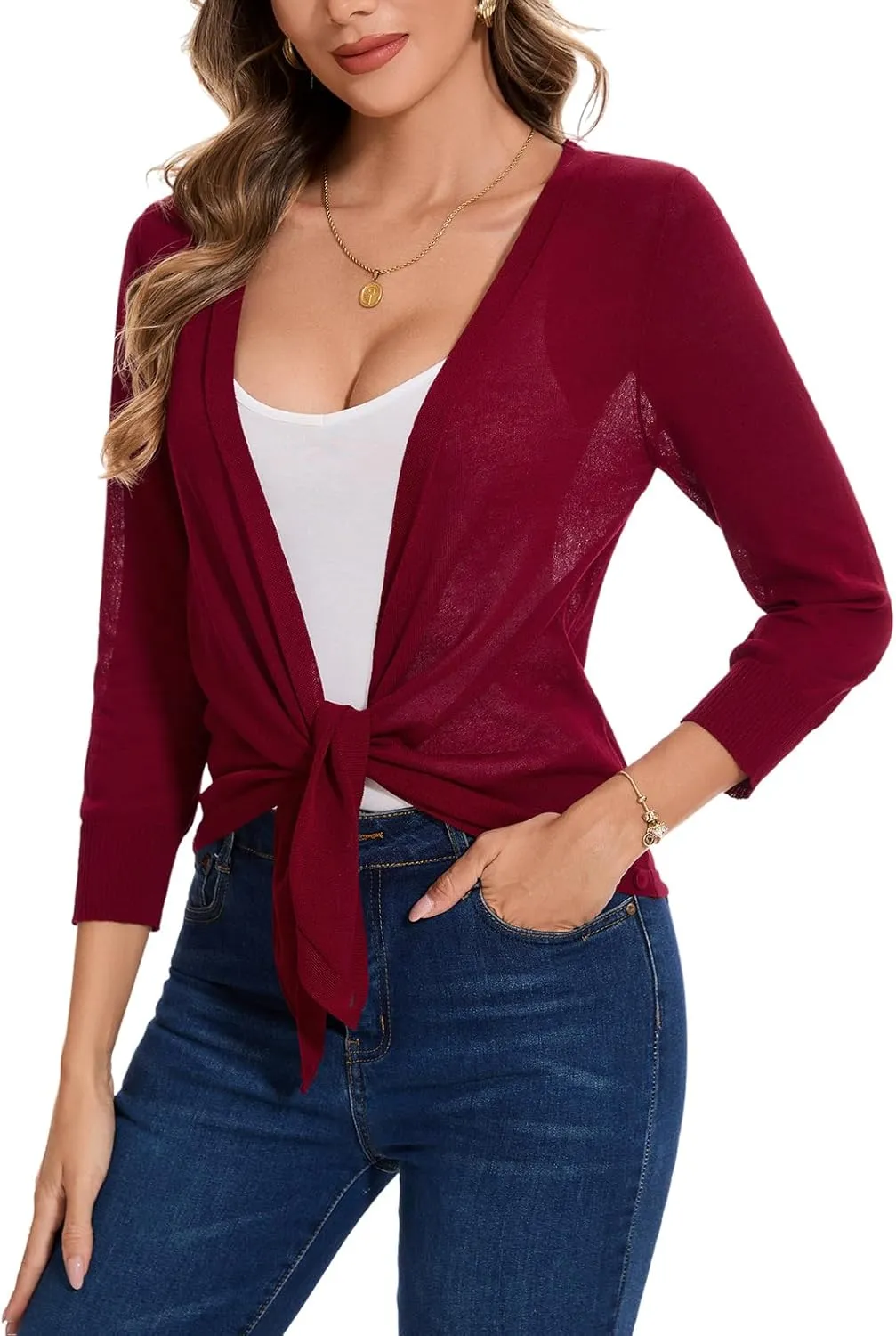 MINTLIMIT Women's Tie Front Cardigan Casual 3/4 Sleeve Bolero Shrug Knotted Lightweight Sheer Shrug Cardigan Sweater Top