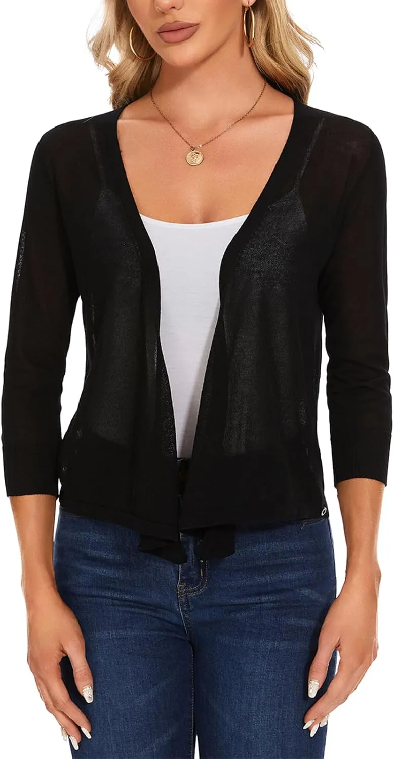 MINTLIMIT Women's Tie Front Cardigan Casual 3/4 Sleeve Bolero Shrug Knotted Lightweight Sheer Shrug Cardigan Sweater Top