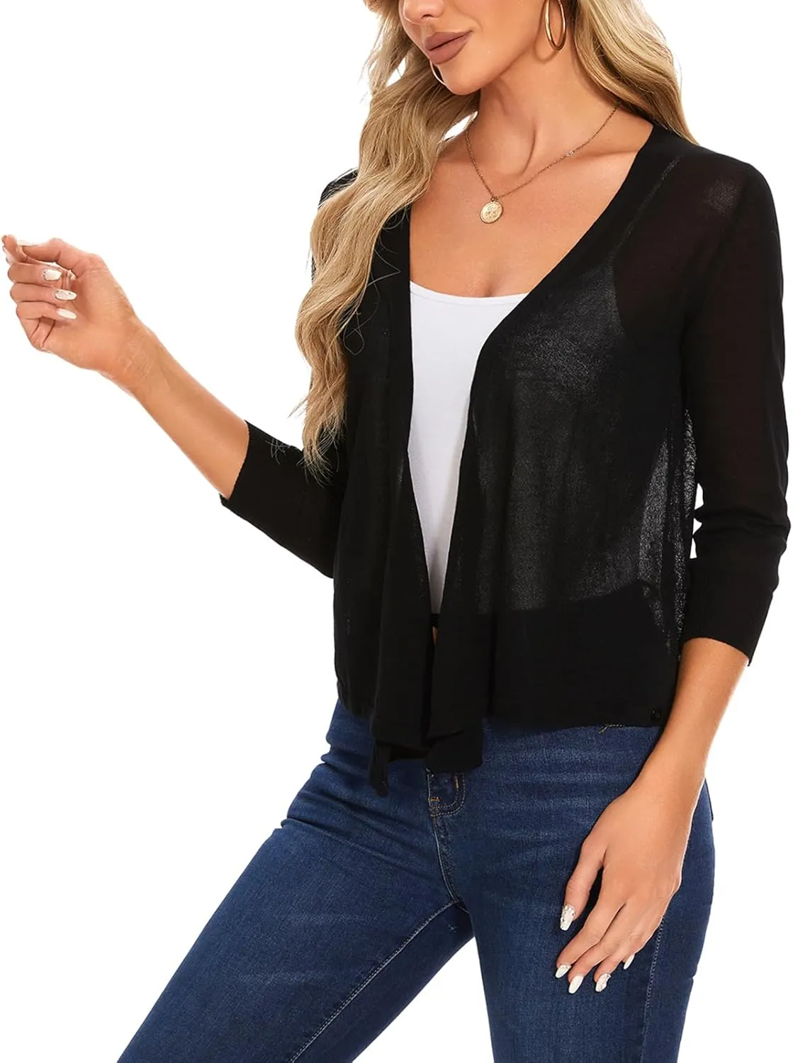MINTLIMIT Women's Tie Front Cardigan Casual 3/4 Sleeve Bolero Shrug Knotted Lightweight Sheer Shrug Cardigan Sweater Top