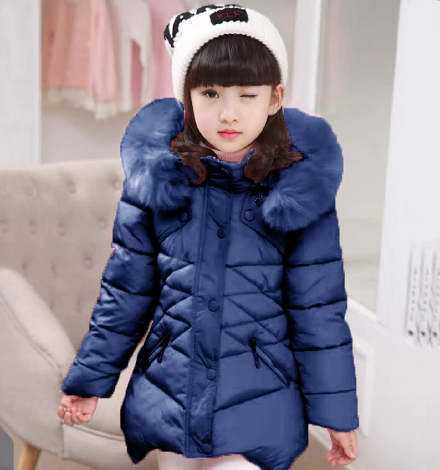 Miss Bei Girls' Puffer Down Coat Winter Fur Jacket Parka Down Coat Kids with Fur Hood