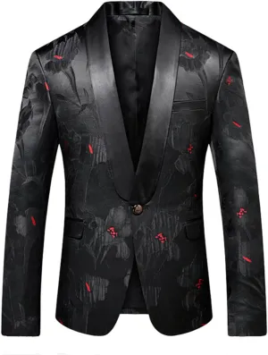 MOGU Men Slim Fit Blazer Suit Jacket Black Printed Jacquard Sport Coat