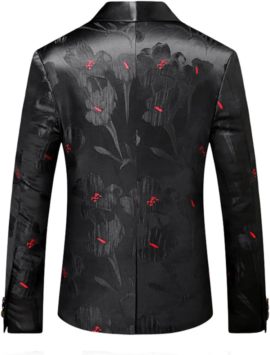 MOGU Men Slim Fit Blazer Suit Jacket Black Printed Jacquard Sport Coat