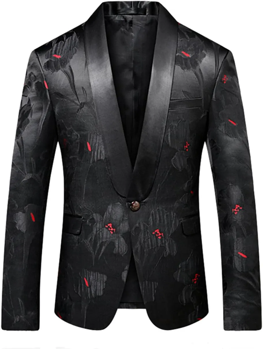 MOGU Men Slim Fit Blazer Suit Jacket Black Printed Jacquard Sport Coat