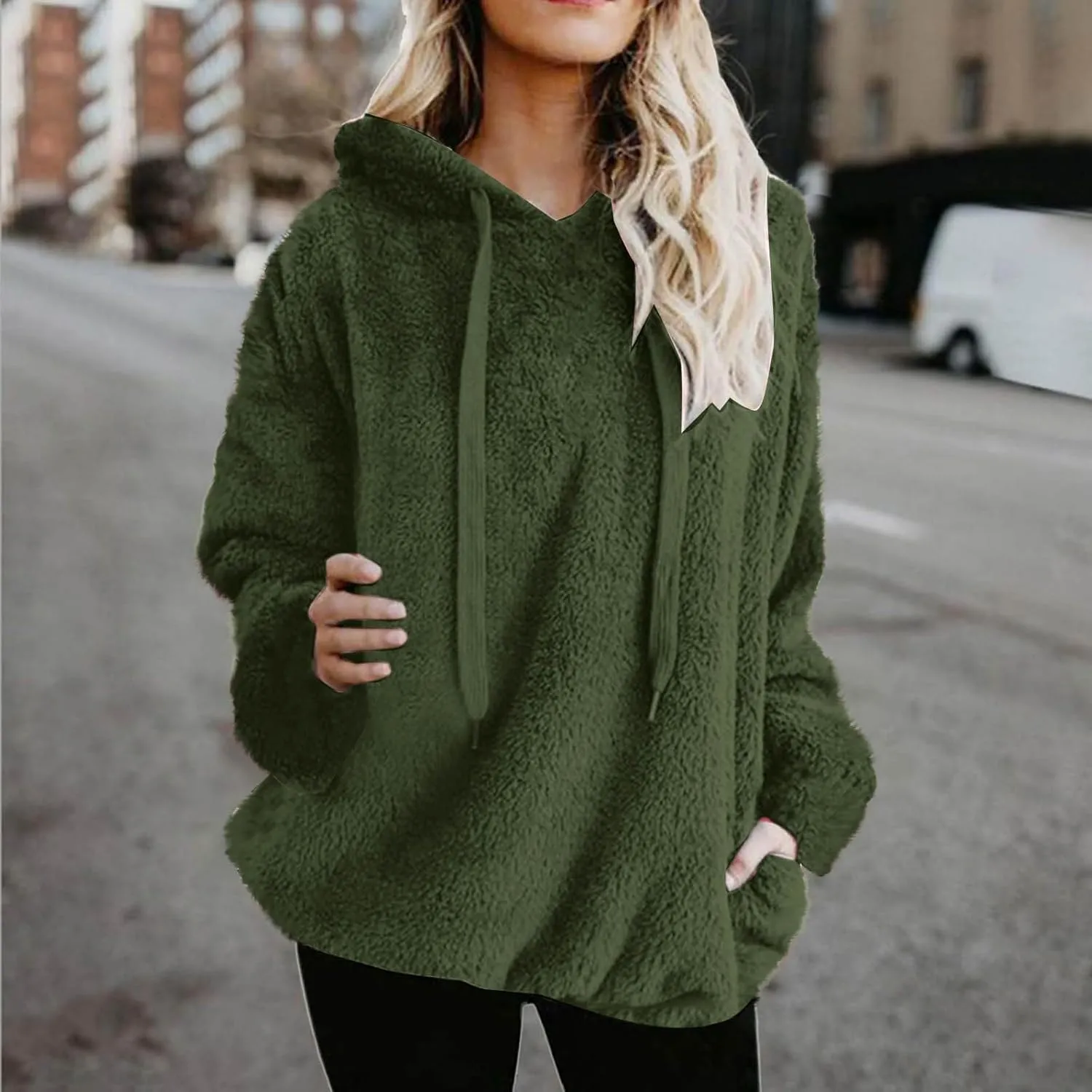 Oversized Fuzzy Fleece Hoodies For Women Warm Long Sleeve Sherpa Pullover Sweatshirts Winter Tops With Pockets