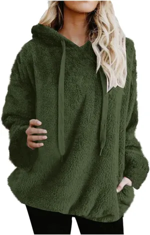 Oversized Fuzzy Fleece Hoodies For Women Warm Long Sleeve Sherpa Pullover Sweatshirts Winter Tops With Pockets