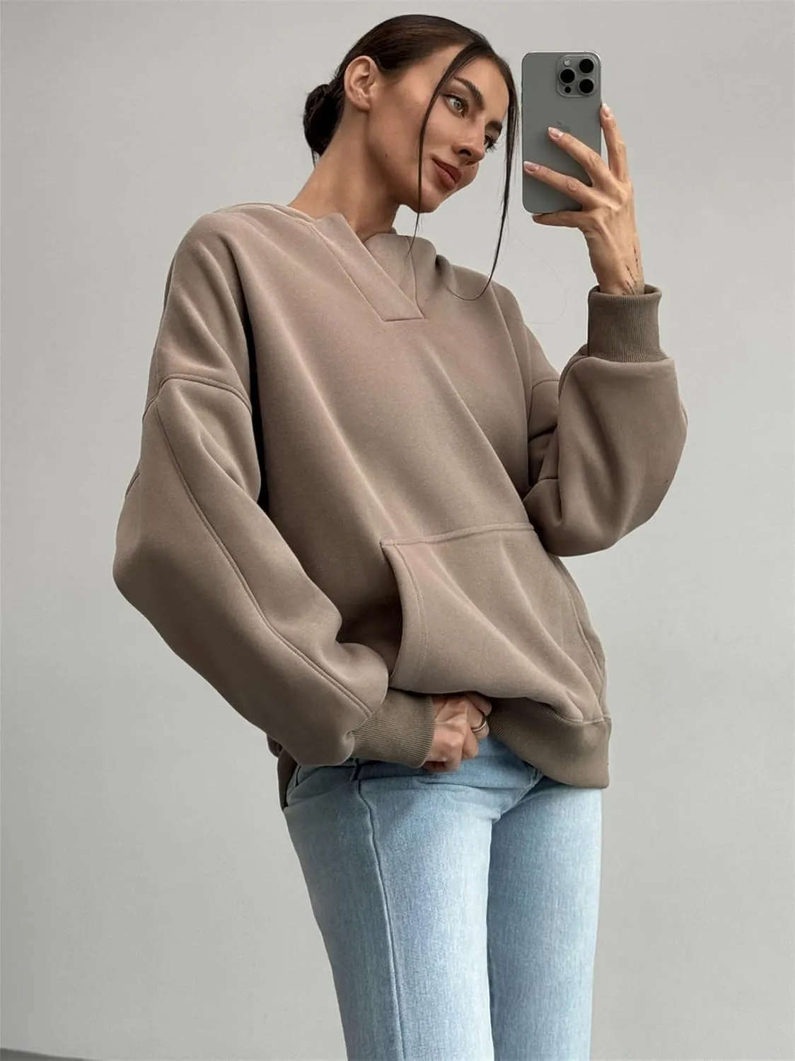 PAODIKUAI Women's Oversized Hoodies V Neck Pullover Fleece Sweatshirt Long Sleeve with Pocket Casual Winter Fall Outfits
