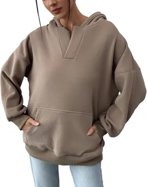 PAODIKUAI Women's Oversized Hoodies V Neck Pullover Fleece Sweatshirt Long Sleeve with Pocket Casual Winter Fall Outfits